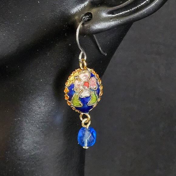Cloisonne Enamel Floral Dangle Earrings Blue Bead Drop Handmade Boho 1.5" - Picture 1 of 6